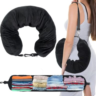 1/2PCS Travel Pillow Stuffable with Clothes As Carry-On Luggage Fits Up to 3 Days of Travel Essentials, Multifunctional U-Shaped Pillowcase for Business, Trip, Outdoor (1PCS-Black)